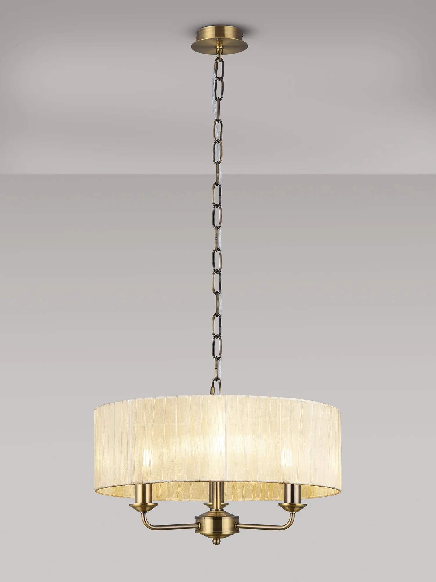 Banyan 3 Light Multi Arm Pendant With 45cm x 15cm Organza Shade Antique Brass/Cream DK0865  Deco Banyan AB CR